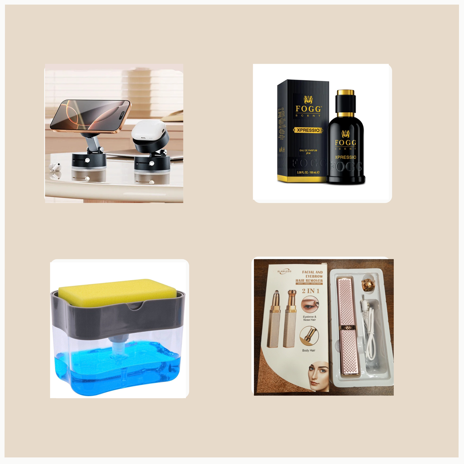 Assortment of luxury beauty products including nude lipsticks, foundation bottles, dropper bottles, cream jars, perfume, and a makeup brush with rose gold caps on a marble surface.