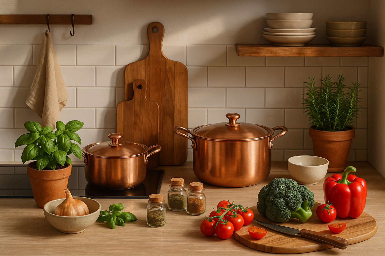 Cozy kitchen scene with copper pots, wooden cutting boards, fresh vegetables including tomatoes, broccoli, and bell pepper, herb plants in terracotta pots, and spice jars arranged on a wooden countertop.