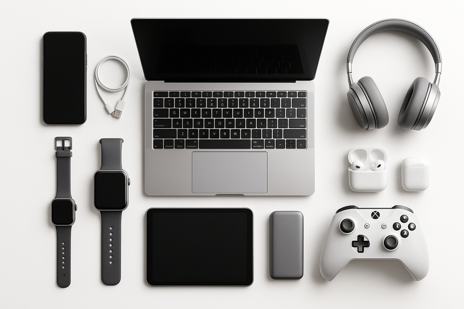 Collection of modern tech gadgets including a laptop, wireless headphones, smartwatches, smartphone, tablet, wireless earbuds with case, charging cable, power bank, and a gaming controller arranged neatly on a white surface.
