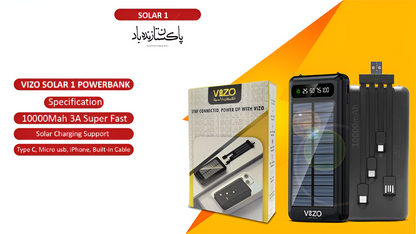 Vizo Solar 01 Power Bank | Best Quality Power Bank For Mobile Phone - Android Power Bank - Solar Power Bank For Android - 10,000 mAh Power Bank
