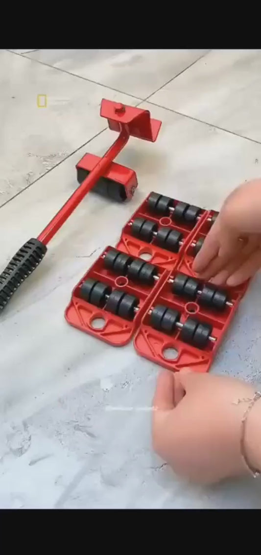 Video demonstrating the heavy furniture mover tool set with ergonomic design, 360-degree rotatable foot pads, and easy lifting and moving of sofas, tables, chairs, and appliances like refrigerators and washing machines for home and office use.